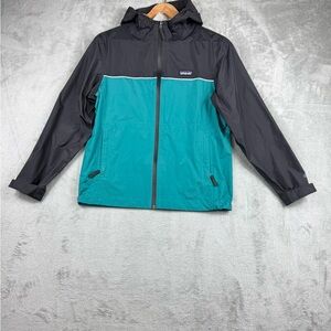 Patagonia Kids Windbreaker Jacket XL Hooded Colorblock Teal Black Gray